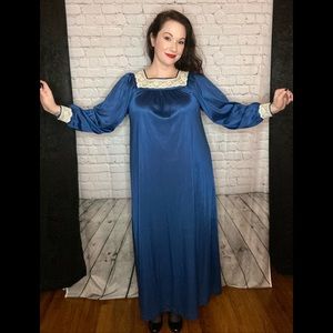 Silky satin dark blue nightgown w/cream lace trim